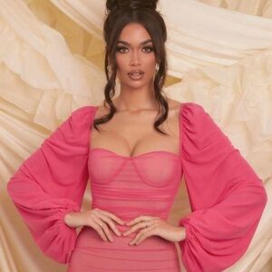 OhPolly Pink/Barbie Long Sleeve Ruched Mini Dress - Size US 2 - Elegant & Sexy